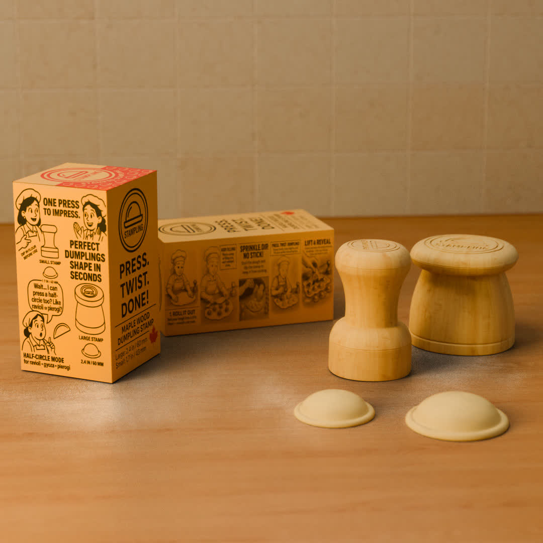 STAMPLING set — the printed box with both maple stamps and two freshly stamped dumplings