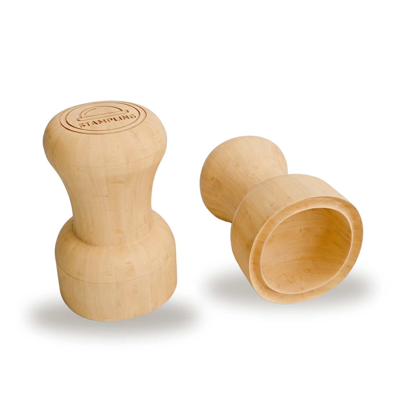 STAMPLING small and large solid-maple dumpling stamps — premium studio render on white