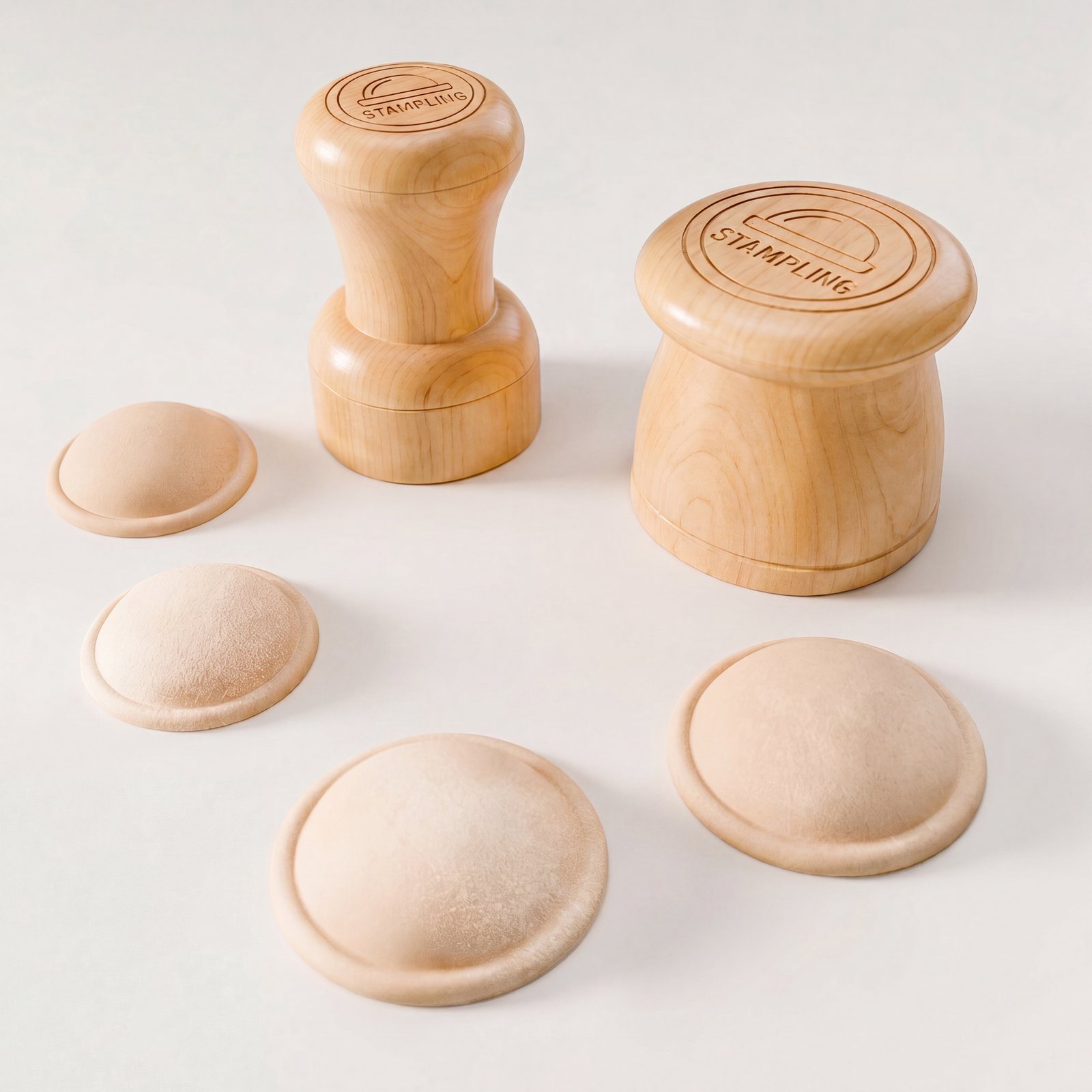 Top-down view of both STAMPLING maple stamps beside freshly stamped, flour-dusted dumplings